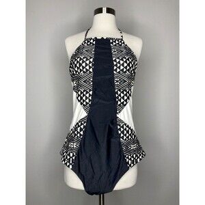 Vanilla Beach Swimsuit Women XL One Piece Halter Black White Geometric